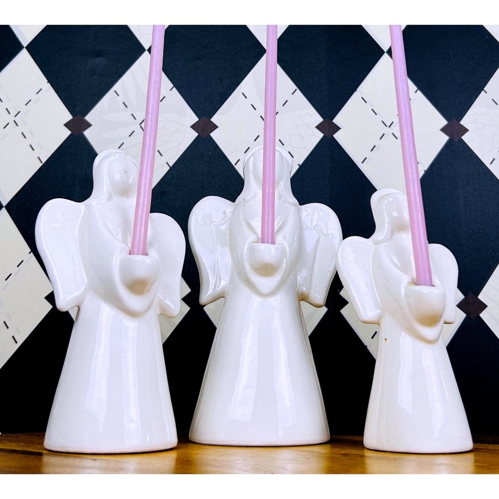 Angel Incense/ Candle Holders Set of 3 Ceramic White‎ Glazed Vintage